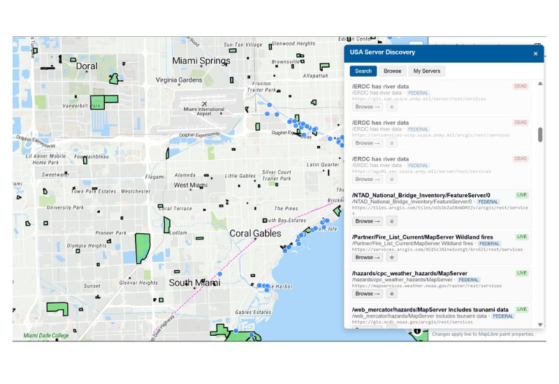 Field Sentinel desktop map showing the USA Server Discovery panel